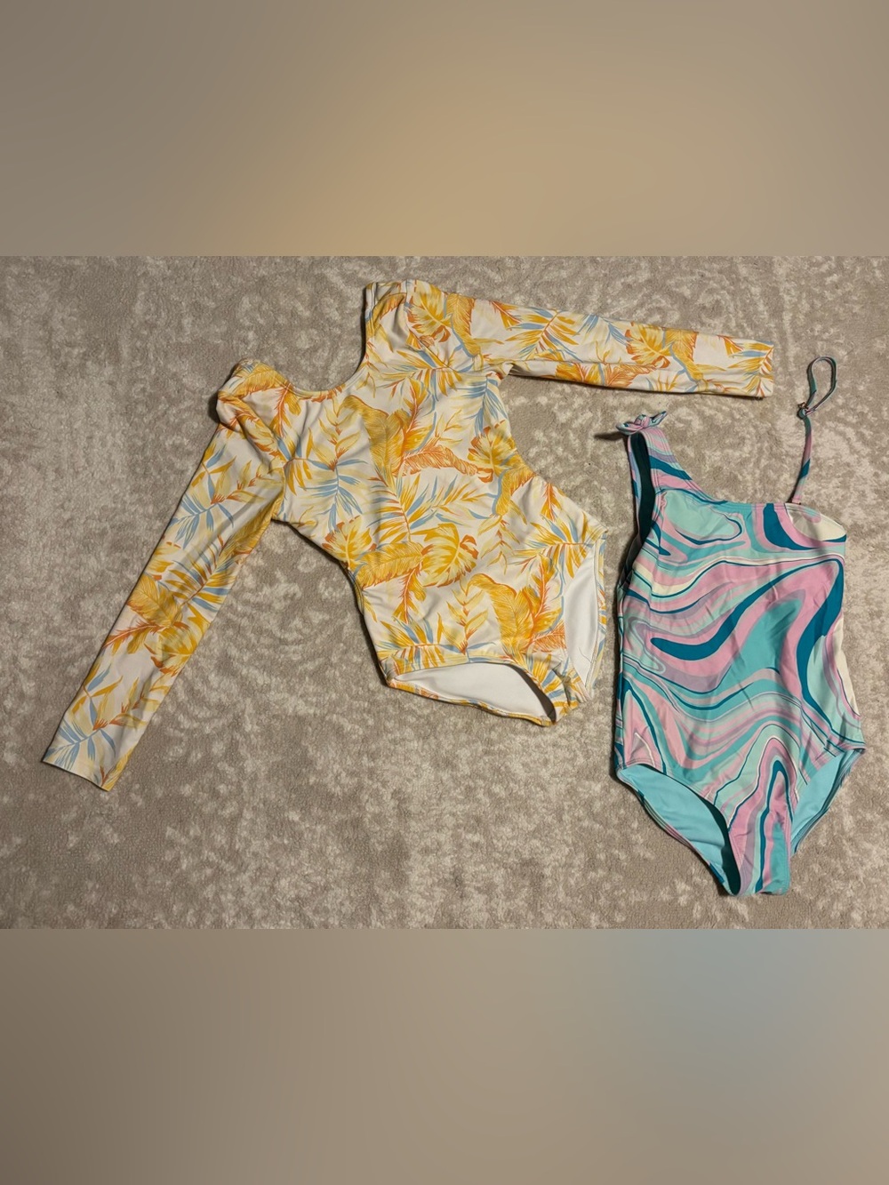 Yellow Tropical Long-Sleeve One-Piece Swimsuit + Teal Pink Marble One-Piece